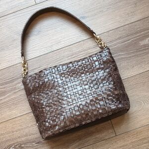 Elliott Lucca Chocolate Brown Woven Soft Leather Shoulder Purse Gold Hardware